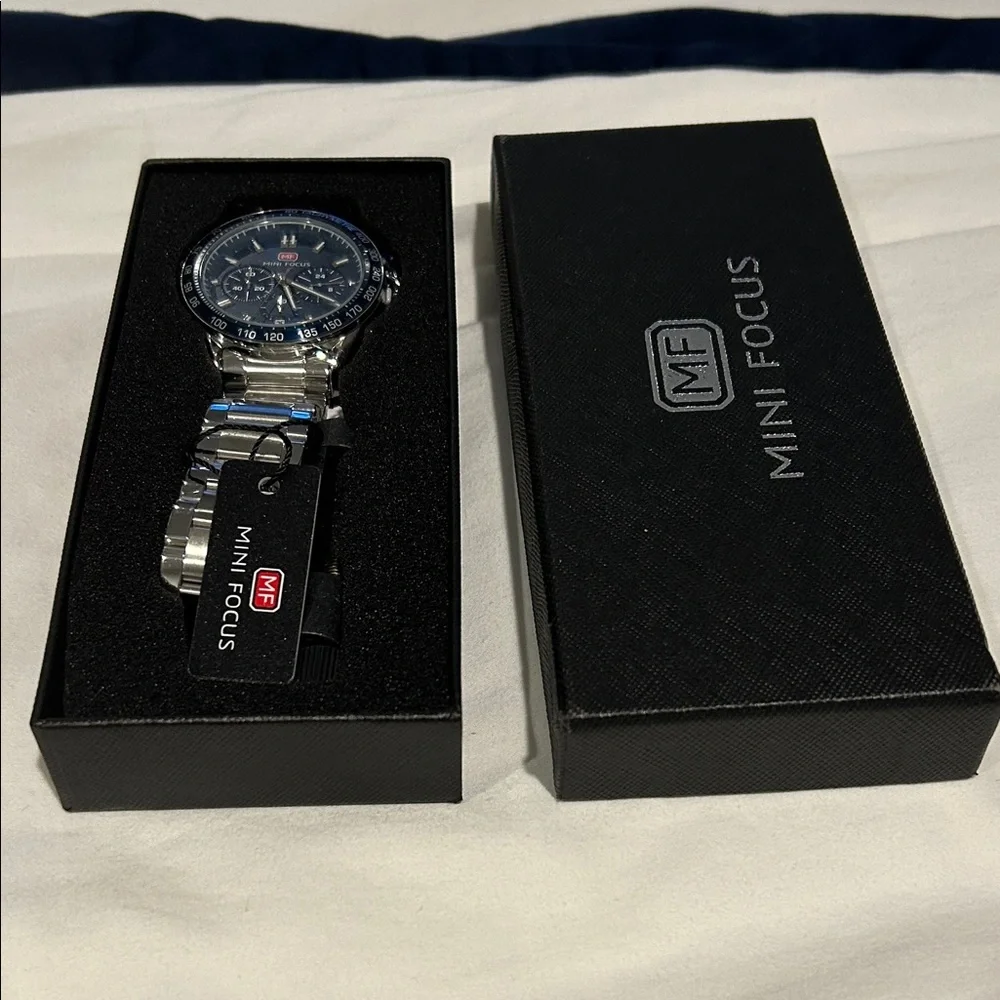 NWT Mini Focus Men's Stainless Steel and Blue Waterproof Chronograph Watch